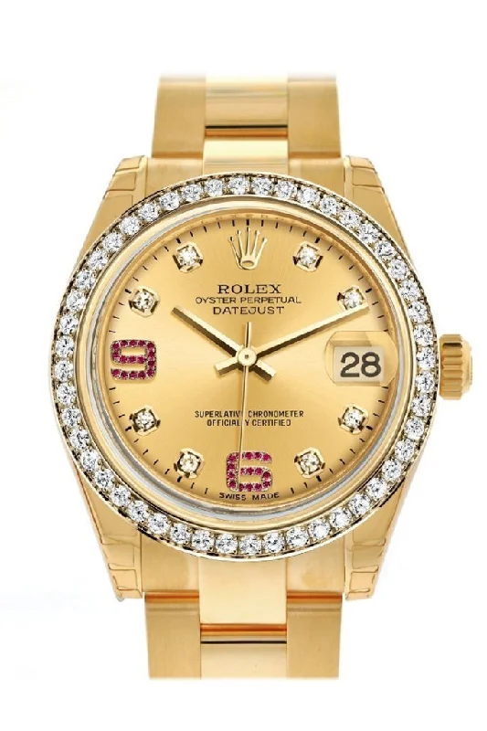 Rolex Datejust 31 Champagne Diamonds Rubies Dial Diamond Bezel 18K Yellow Gold Ladies Watch 178288 Pre-owned