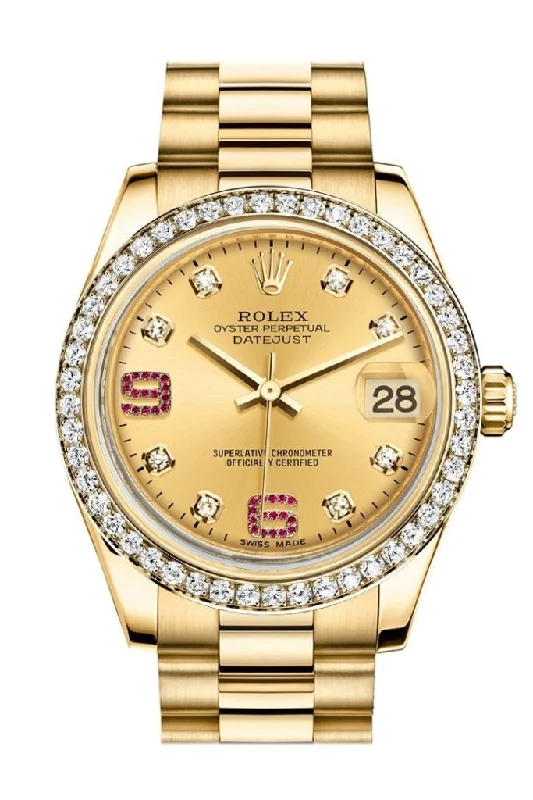 Rolex Datejust 31 Champagne Diamonds Rubies Dial Diamond Bezel 18K Yellow Gold President Ladies Watch 178288 Pre-owned