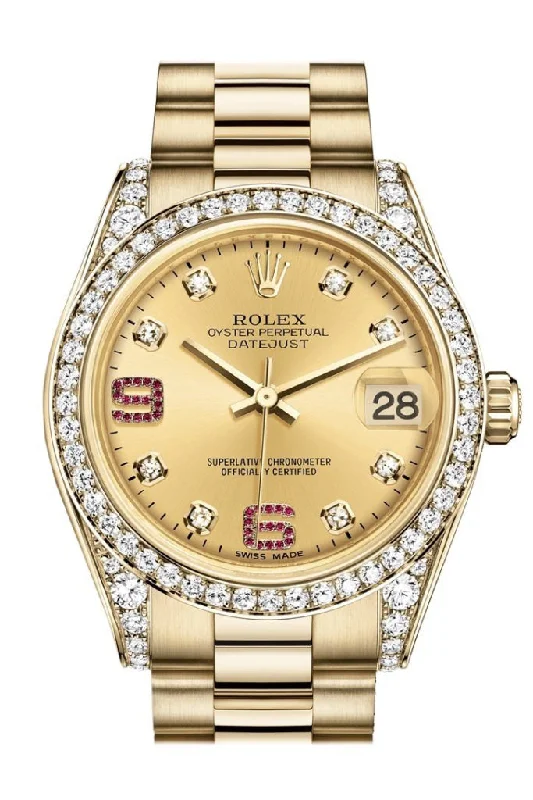 Rolex Datejust 31 Champagne Diamonds Rubies Dial Diamond Bezel Lug 18K Yellow Gold President Ladies Watch 178158 Pre-owned