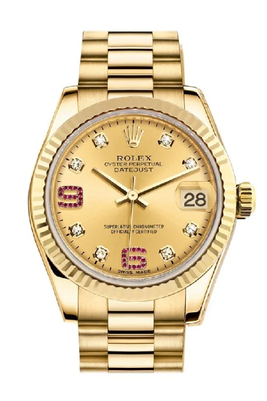 Rolex Datejust 31 Champagne Diamonds Rubies Dial Fluted Bezel 18K Yellow Gold President Ladies Watch 178278 Pre-owned