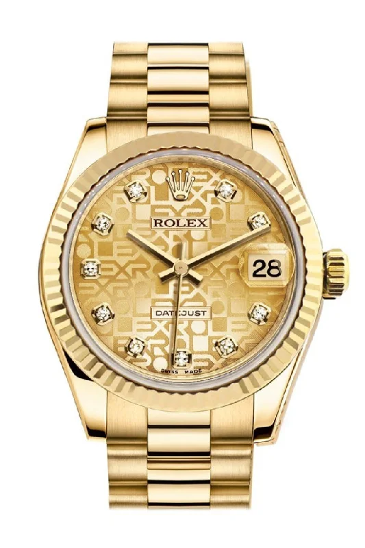 Rolex Datejust 31 Champagne Jubilee Diamond Dial Fluted Bezel 18K Yellow Gold President Ladies Watch 178278 Pre-owned