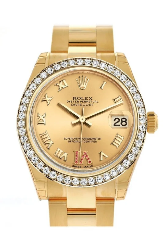 Rolex Datejust 31 Champagne Large VI Rubies Dial Diamond Bezel 18K Yellow Gold Ladies Watch 178288 Pre-owned