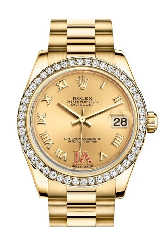 Rolex Datejust 31 Champagne Large VI Rubies Dial Diamond Bezel 18K Yellow Gold President Ladies Watch 178288 Pre-owned