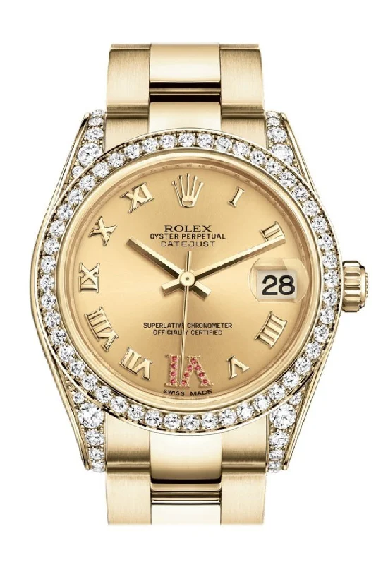 Rolex Datejust 31 Champagne Large VI Rubies Dial Diamond Bezel Lug 18K Yellow Gold Ladies Watch 178158 Pre-owned