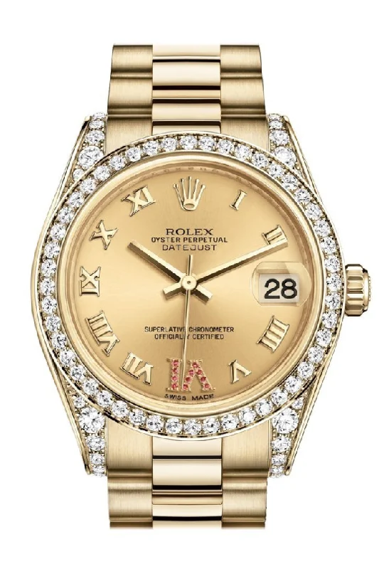 Rolex Datejust 31 Champagne Large VI Rubies Dial Diamond Bezel Lug 18K Yellow Gold President Ladies Watch 178158 Pre-owned