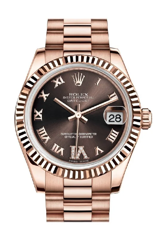 Rolex Datejust 31 Chocolate Large VI set with Diamond Dial Fluted Bezel 18K Everose Gold President Ladies Watch 178275 Pre-owned