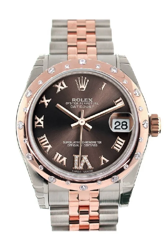 Rolex Datejust 31 Chocolate Roman Large VI Diamond Dial Diamond Bezel 18K Rose Gold Two Tone Jubilee Ladies Watch 178341 Pre-owned