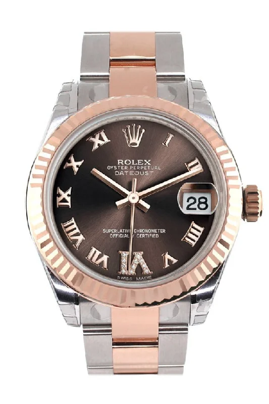 Rolex Datejust 31 Chocolate Roman Large VI Diamond Dial Fluted Bezel 18K Rose Gold Two Tone Ladies Watch 178271 Pre-owned