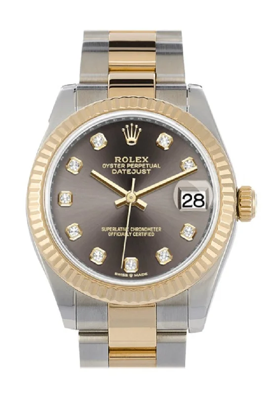 Rolex Datejust 31 Dark Grey Diamonds Dial Fluted Bezel 18K Yellow Gold Two Tone Watch 278273 NP