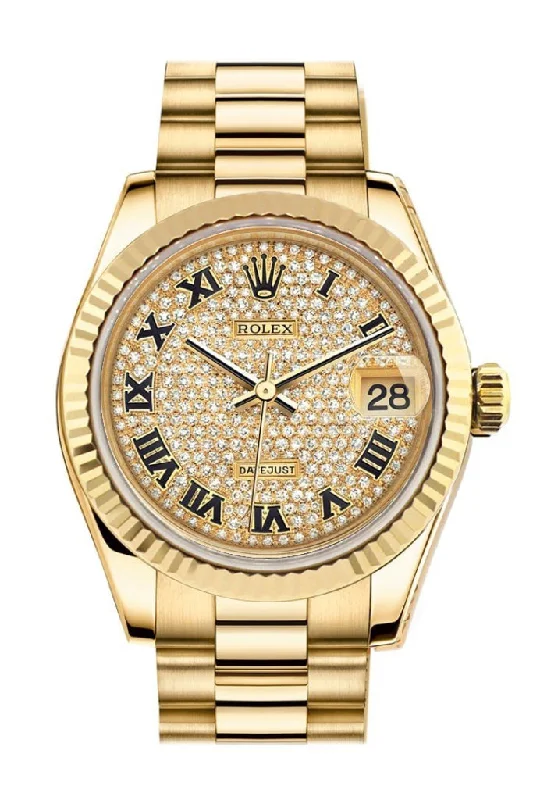 Rolex Datejust 31 Diamond Paved Dial Fluted Bezel 18K Yellow Gold President Ladies Watch 178278 Pre-owned