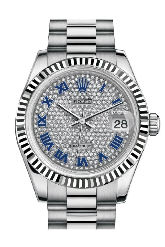 Rolex Datejust 31 Diamond-paved Roman Dial Fluted Bezel 18K White Gold President Ladies Watch 178279 Pre-owned