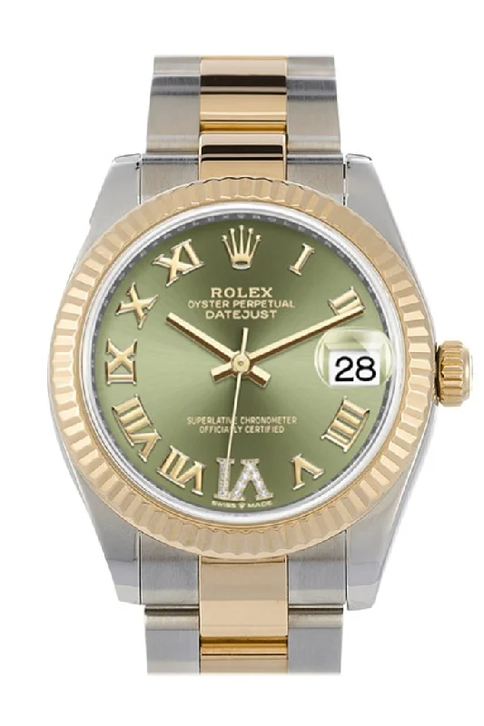 Rolex Datejust 31 Olive Green Large VI set with Diamonds Dial Fluted Bezel 18K Yellow Gold Two Tone Watch 278273 NP