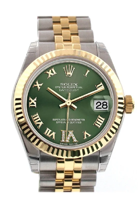 Rolex Datejust 31 Olive Green Roman Large VI Diamond Dial Fluted Bezel 18K Gold Two Tone Jubilee Ladies 178273 Pre-owned