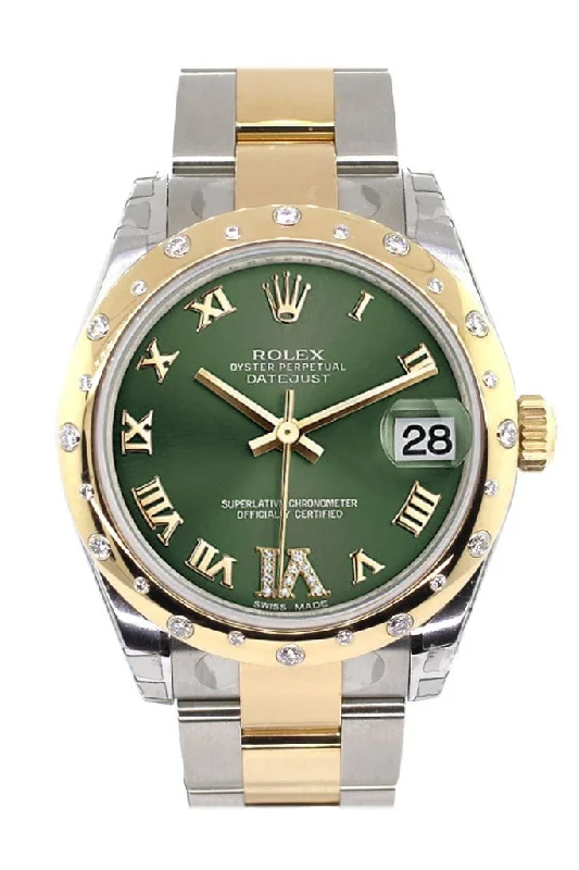 Rolex Datejust 31 Olive Green Roman Large VI Diamond Dial Fluted Bezel  18K Gold Two Tone Ladies 178343 Pre-owned