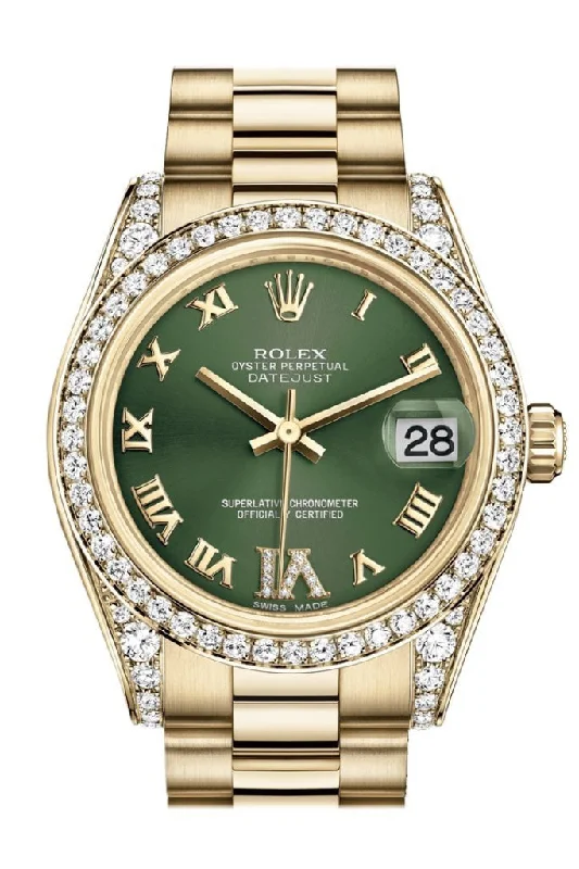 Rolex Datejust 31 Olive Green VI Diamonds Dial Diamond Bezel Lug 18K Yellow Gold President Ladies Watch 178158 Pre-owned