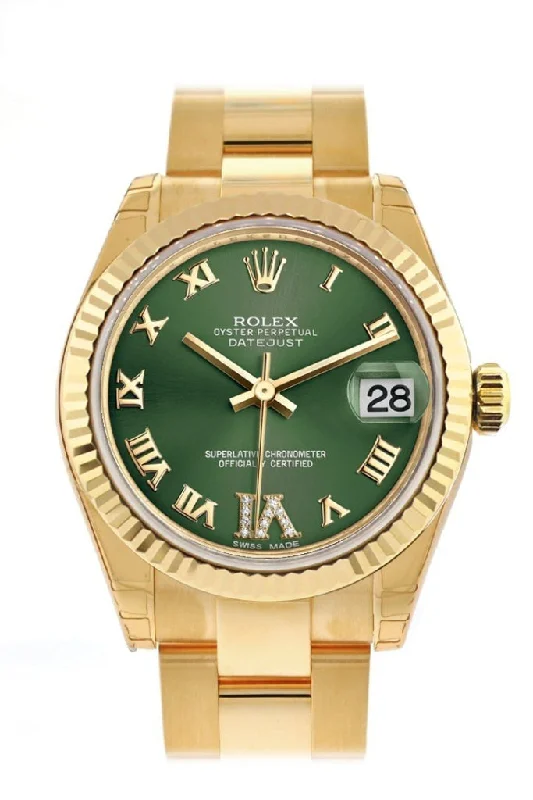 Rolex Datejust 31 Olive Green VI Diamonds Dial Fluted Bezel 18K Yellow Gold Ladies Watch 178278 Pre-owned