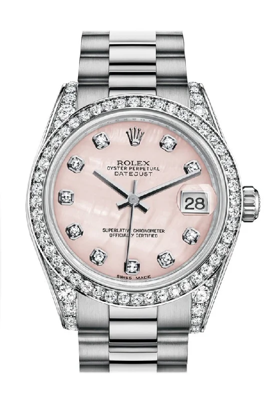 Rolex Datejust 31 Pink mother-of-pearl Diamond Dial Diamond Bezel Lug 18K White Gold President Ladies Watch 178159 Pre-owned