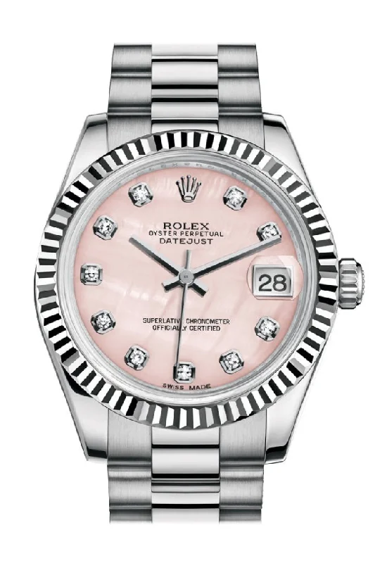 Rolex Datejust 31 Pink mother-of-pearl Diamond Dial Fluted Bezel 18K White Gold President Ladies Watch 178279 Pre-owned