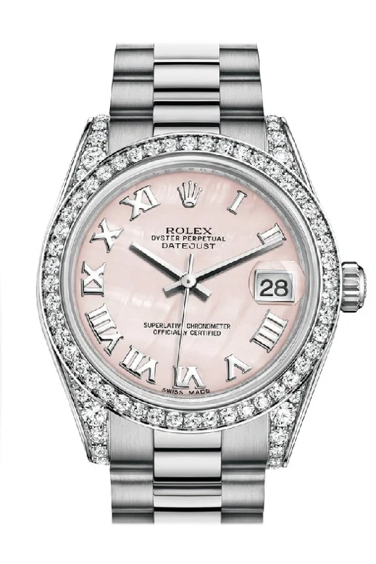 Rolex Datejust 31 Pink mother-of-pearl RomanDial Diamond Bezel Lug 18K White Gold President Ladies Watch 178159 Pre-owned