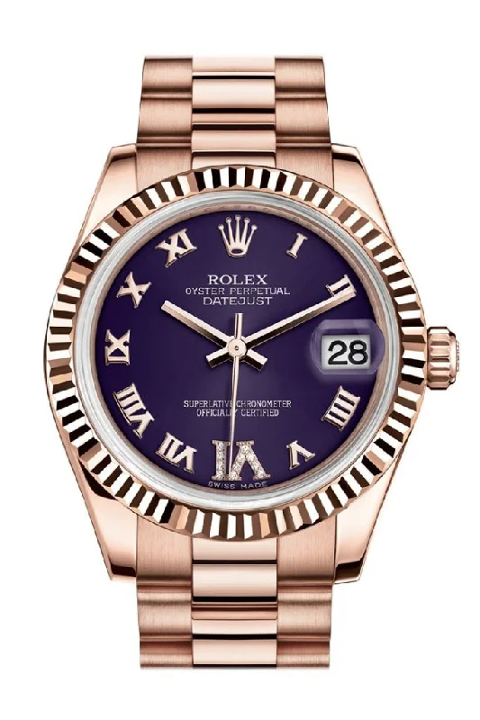 Rolex Datejust 31 Purple Large VI set with Diamond Dial Fluted Bezel 18K Everose Gold President Ladies Watch 178275 Pre-owned