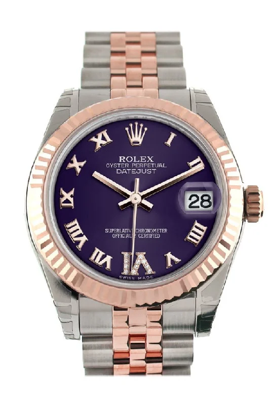 Rolex Datejust 31 Purple Roman Large VI Diamond Dial Fluted Bezel 18K Rose Gold Two Tone Jubilee Ladies Watch 178271 Pre-owned