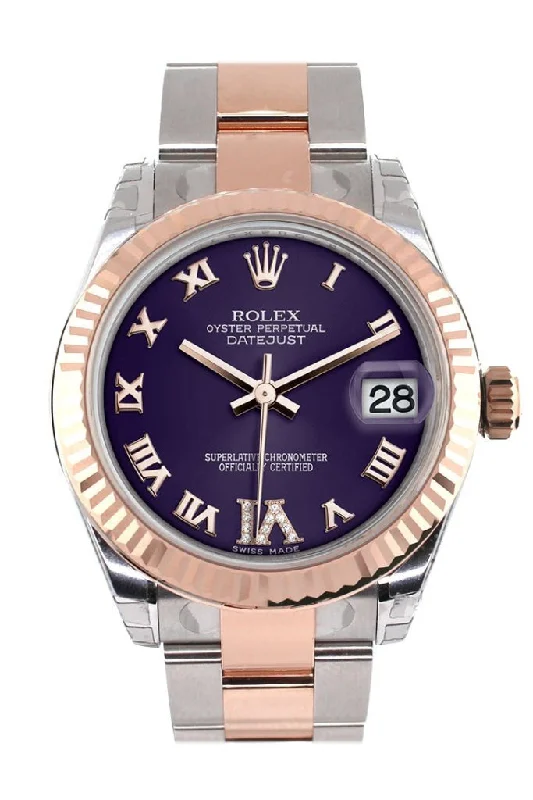 Rolex Datejust 31 Purple Roman Large VI set with Diamond Dial Fluted Bezel 18K Rose Gold Two Tone Ladies Watch 178271 Pre-owned