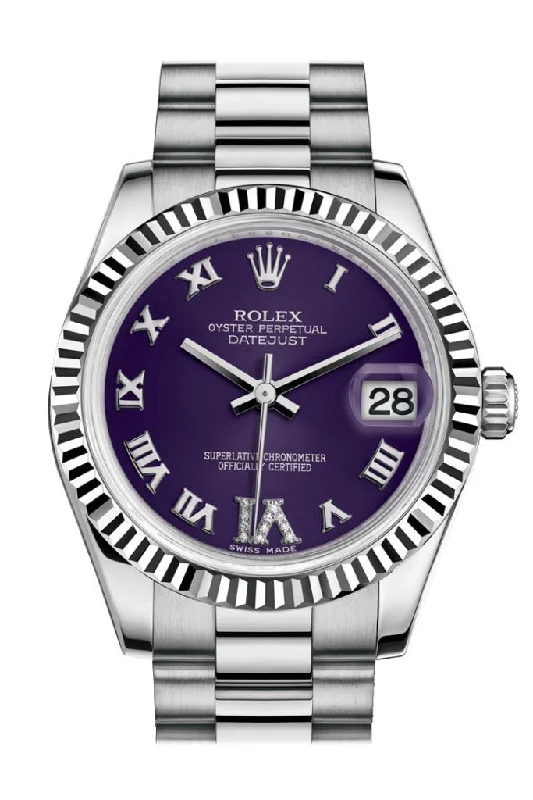 Rolex Datejust 31 Purple set with diamonds Dial Fluted Bezel 18K White Gold President Ladies Watch 178279 Pre-owned