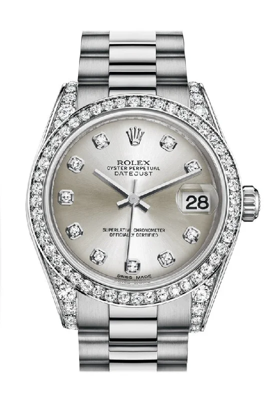 Rolex Datejust 31 Silver Diamond Dial Diamond Bezel Lug 18K White Gold President Ladies Watch 178159 Pre-owned