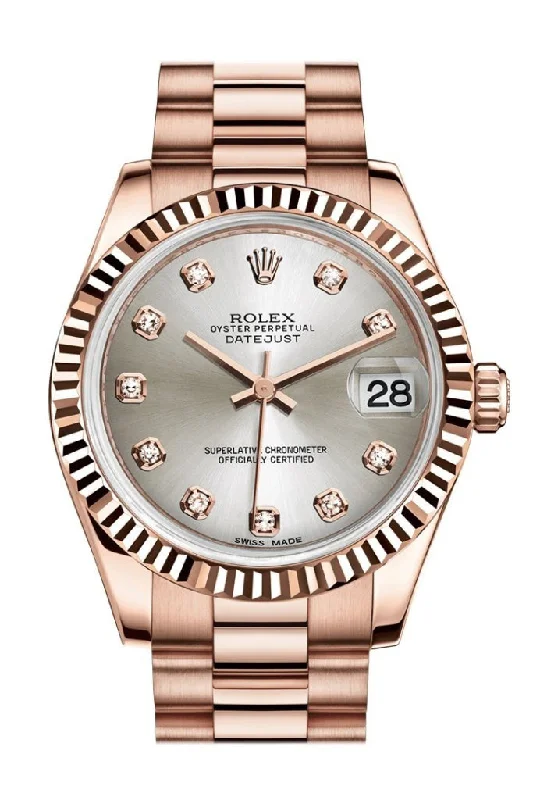 Rolex Datejust 31 Silver Diamond Dial Fluted Bezel 18K Everose Gold President Ladies Watch 178275 Pre-owned