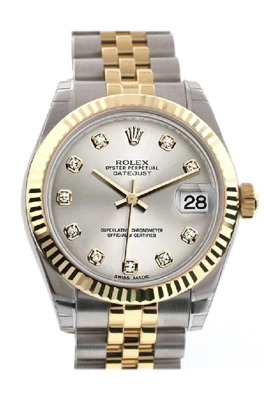 Rolex Datejust 31 Silver Diamond Dial Fluted Bezel 18K Gold Two Tone Jubilee Ladies 178273 Pre-owned