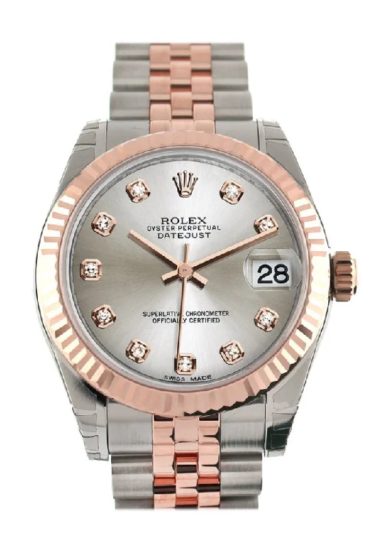 Rolex Datejust 31 Silver Diamond Dial  Fluted Bezel 18K Rose Gold Two Tone Jubilee Ladies Watch 178271 Pre-owned