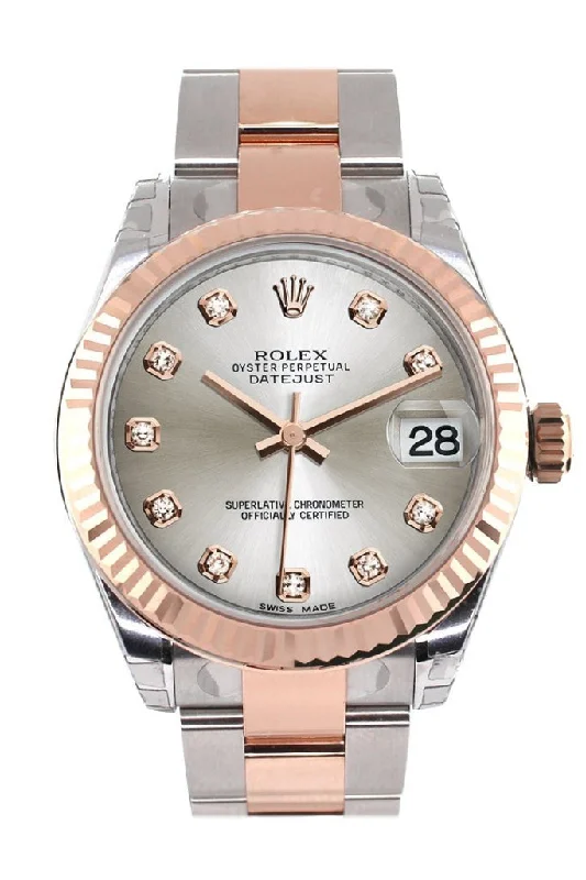 Rolex Datejust 31 Silver Diamond Dial Fluted Bezel 18K Rose Gold Two Tone Ladies Watch 178271 Pre-owned