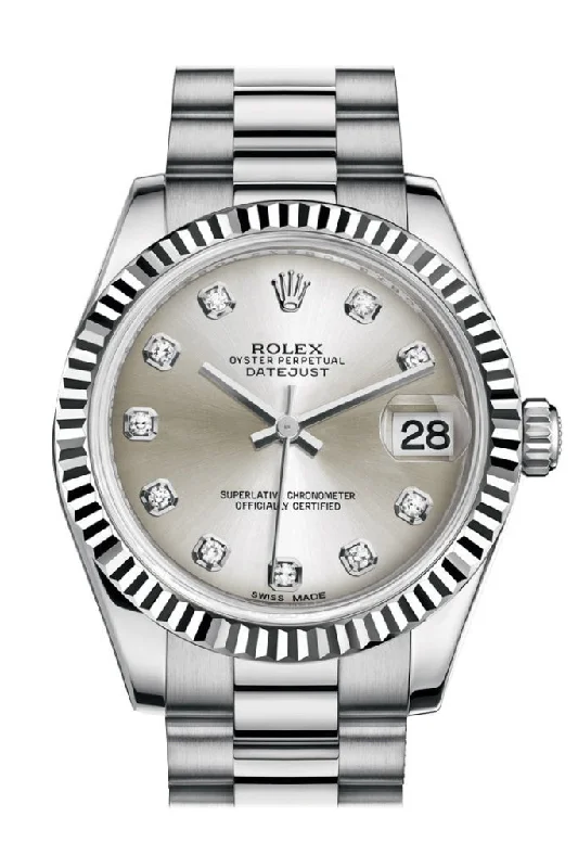 Rolex Datejust 31 Silver Diamond Dial Fluted Bezel 18K White Gold President Ladies Watch 178279 Pre-owned