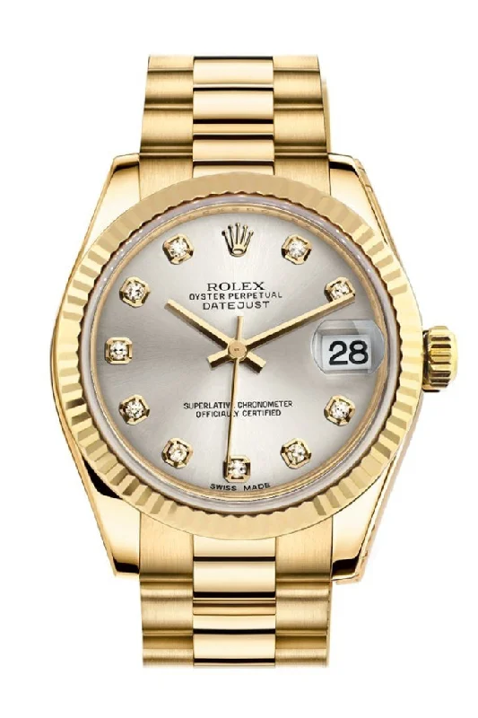 Rolex Datejust 31 Silver Diamond Dial Fluted Bezel 18K Yellow Gold President Ladies Watch 178278 Pre-owned