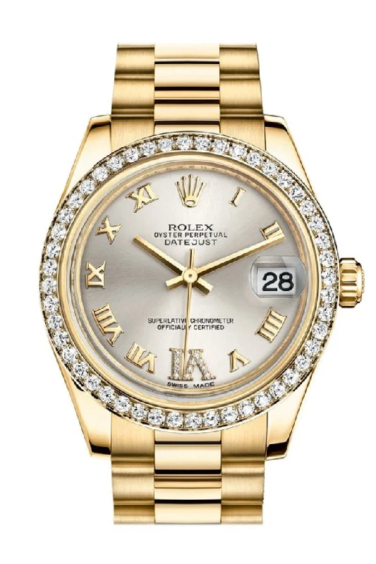 Rolex Datejust 31 Silver Large VI Diamond Dial Diamond Bezel 18K Yellow Gold President Ladies Watch 178288 Pre-owned