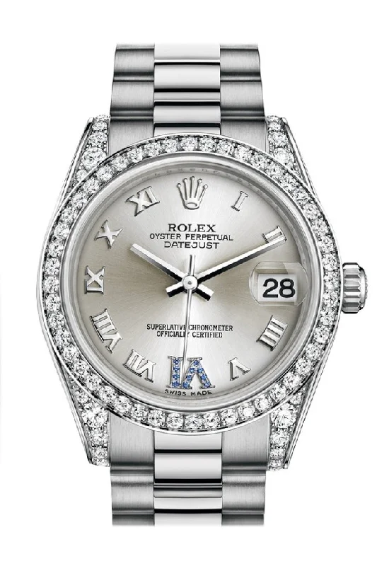 Rolex Datejust 31 Silver Large VI set with sapphires Dial Diamond Bezel Lug 18K White Gold President Ladies Watch 178159 Pre-owned