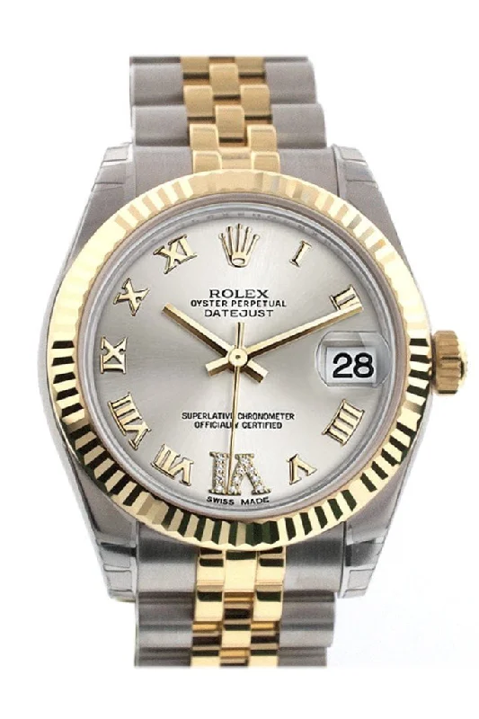 Rolex Datejust 31 Silver Roman Large VI Diamond Dial Fluted Bezel 18K Gold Two Tone Jubilee Ladies 178273 Pre-owned