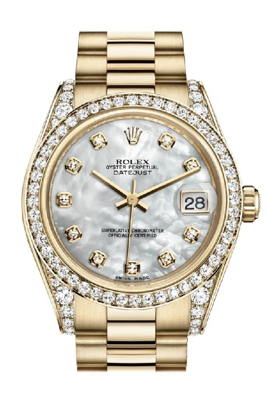 Rolex Datejust 31 White Mother of Pearl Dia Dial Diamond Bezel Lug 18K Yellow Gold President Ladies Watch 178158 Pre-owned