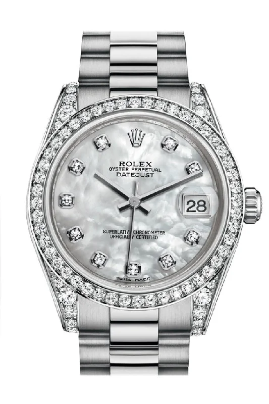 Rolex Datejust 31 White mother-of-pearl Diamond Dial Diamond Bezel Lug 18K White Gold President Ladies Watch 178159 Pre-owned