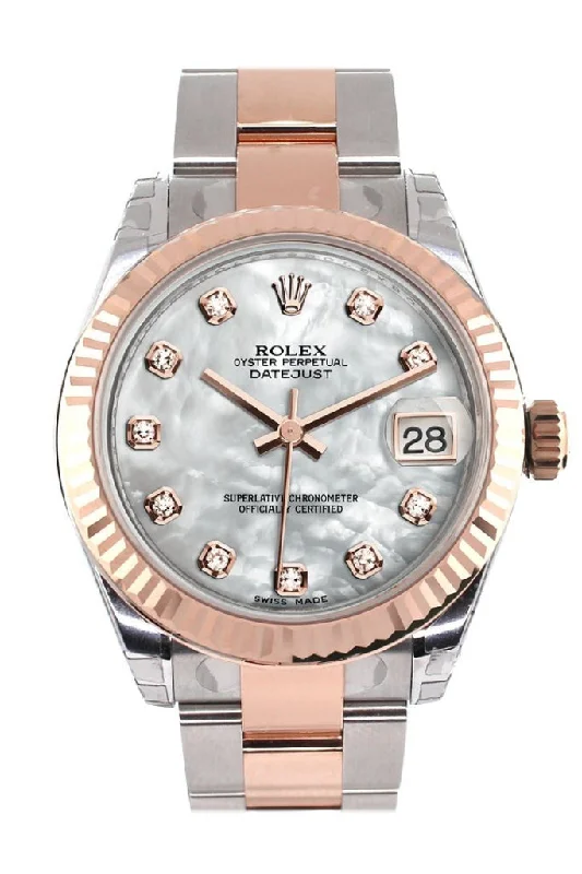 Rolex Datejust 31 White Mother of Pearl Diamond Dial Fluted Bezel 18K Rose Gold Two Tone Ladies Watch 178271 Pre-owned