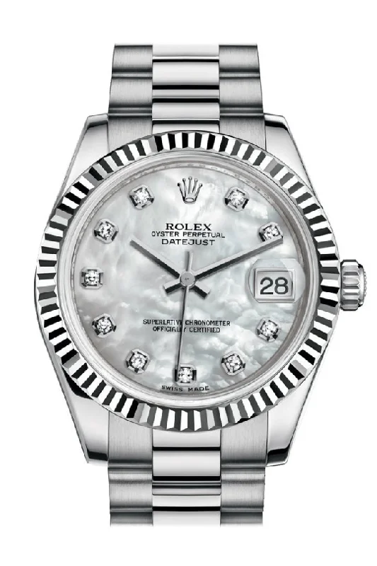 Rolex Datejust 31 White mother-of-pearl Diamond Dial Fluted Bezel 18K White Gold President Ladies Watch 178279 Pre-owned