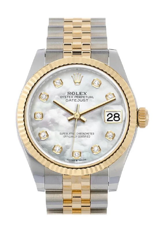 Rolex Datejust 31 White mother-of-pearl Diamond Dial Fluted Bezel 18K Yellow Gold Two Tone Jubilee Watch 278273 NP