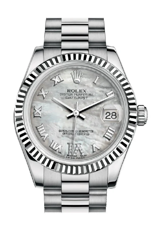 Rolex Datejust 31 White mother-of-pearl Large VI Diamond Dial Fluted Bezel 18K White Gold President Ladies Watch 178279 Pre-owned