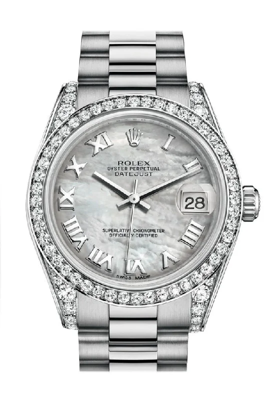 Rolex Datejust 31 White mother-of-pearl Roman Dial Diamond Bezel Lug 18K White Gold President Ladies Watch 178159 Pre-owned