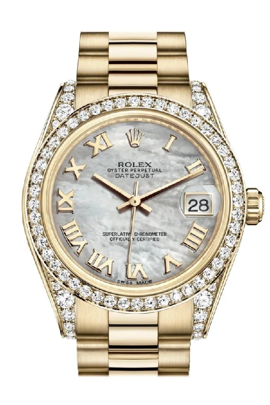 Rolex Datejust 31 White Mother of Pearl Roman Dial Diamond Bezel Lug 18K Yellow Gold President Ladies Watch 178158 Pre-owned