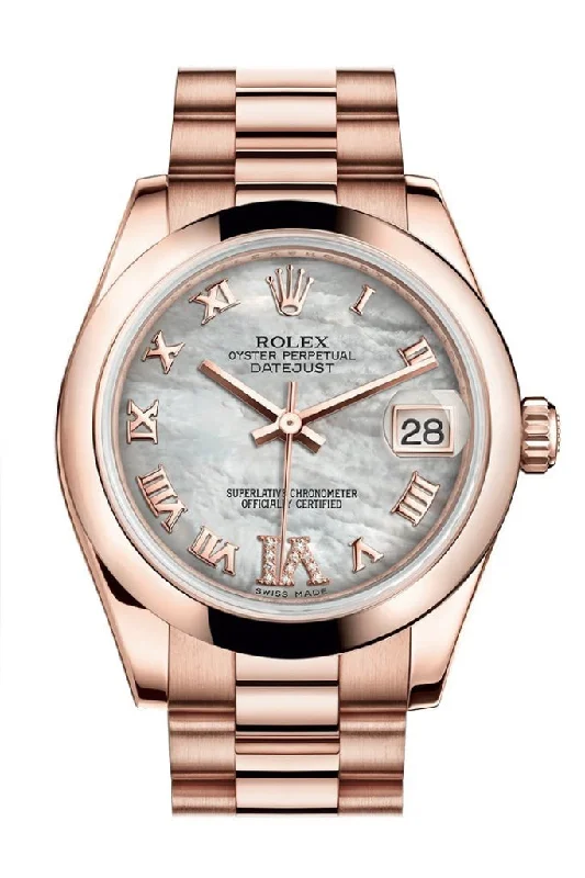 Rolex Datejust 31 White Mother of Pearl Roman Large VI Diamond Dial 18K Everose Gold President Ladies Watch 178245 Pre-owned