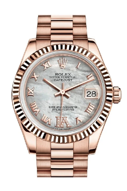 Rolex Datejust 31 White Mother of Pearl Roman Large VI Diamond Dial Fluted Bezel 18K Everose Gold President Ladies Watch 178275 Pre-owned