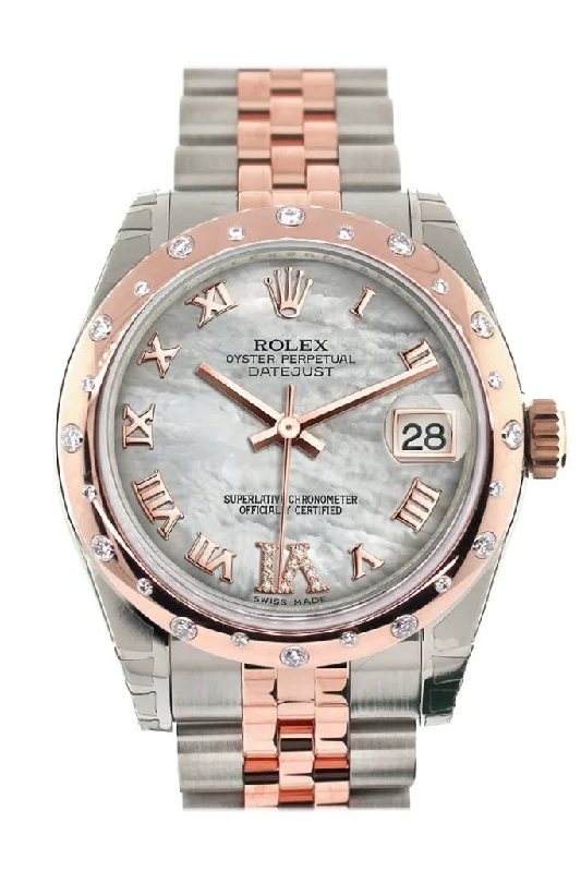 Rolex Datejust 31 White Mother of Pearl Roman Large VI Diamond Dial Diamond Bezel 18K Rose Gold Two Tone Jubilee Watch 178341 Pre-owned