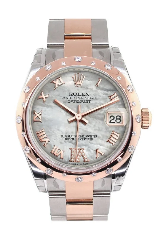 Rolex Datejust 31 White Mother of Pearl Roman Large VI Diamond Dial Diamond Bezel 18K Rose Gold Two Tone Ladies Watch 178341 Pre-owned