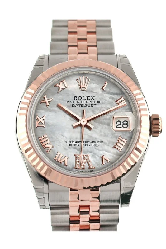 Rolex Datejust 31 White Mother of Pearl Roman Large VI Diamond Dial Fluted Bezel 18K Rose Gold Two Tone Jubilee Watch 178271 Pre-owned